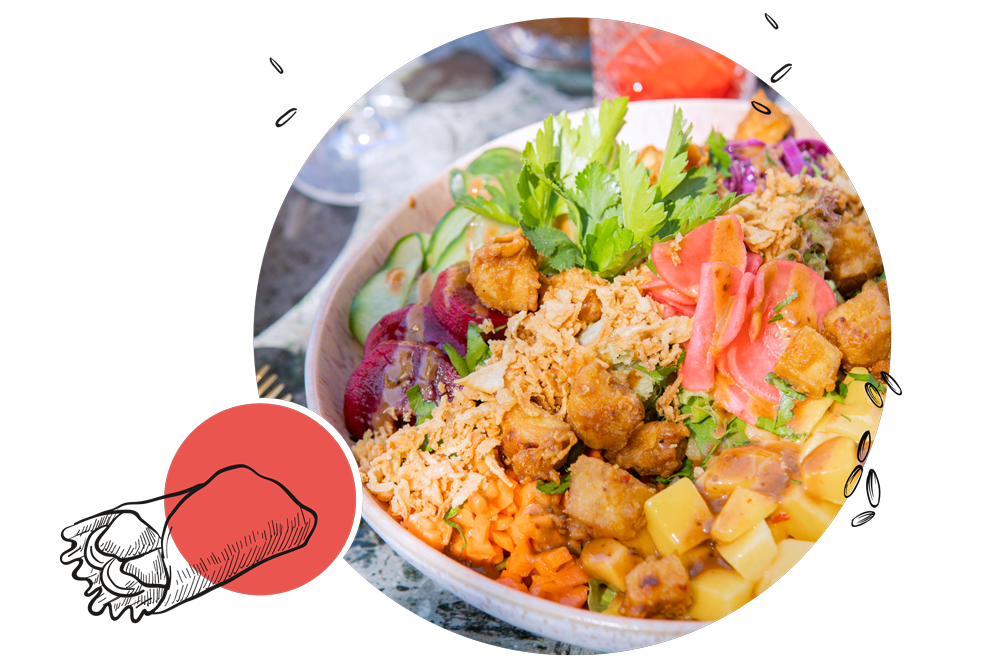 Das Bild zeigt einen Bowlsalat, der von Grafiken umrahmt wird.